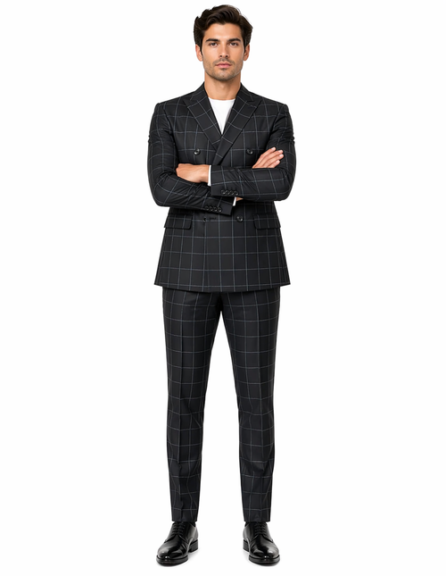 1920's Mens Vested Bold Gangster Vintage Plaid Suit With White Vest in Black
