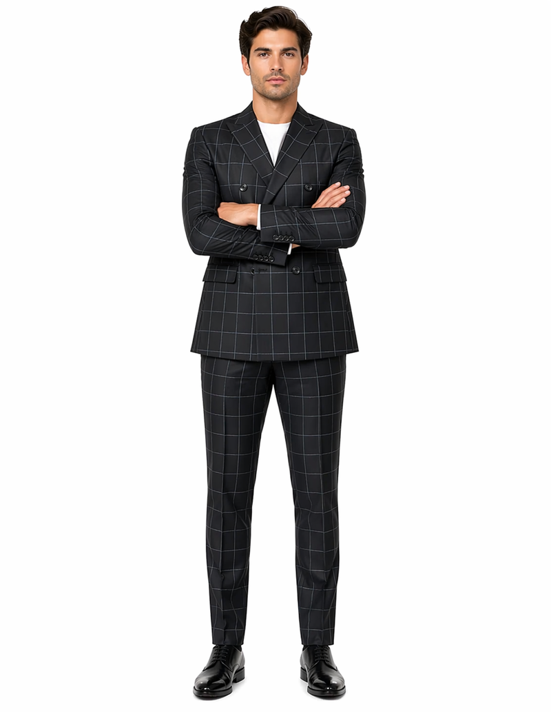 1920's Mens Vested Bold Gangster Vintage Plaid Suit With White Vest in Black