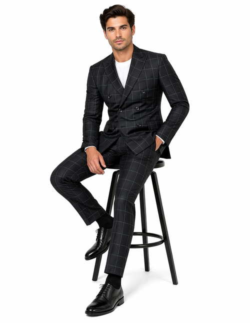 1920's Mens Vested Bold Gangster Vintage Plaid Suit With White Vest in Black
