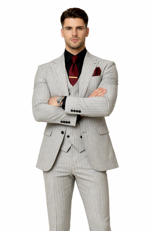 1920s Mint Grey And Black Pinstripe Suit - Vested Stripe Gangster Suit - SAM371SK-01