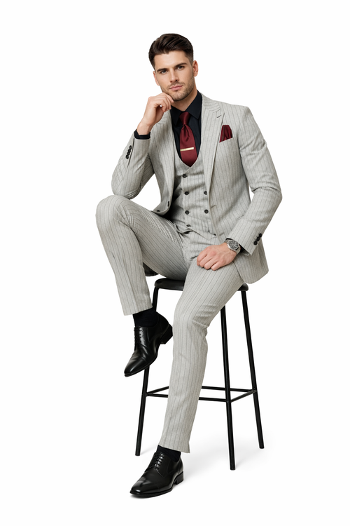 1920s Mint Grey And Black Pinstripe Suit - Vested Stripe Gangster Suit - SAM371SK-01