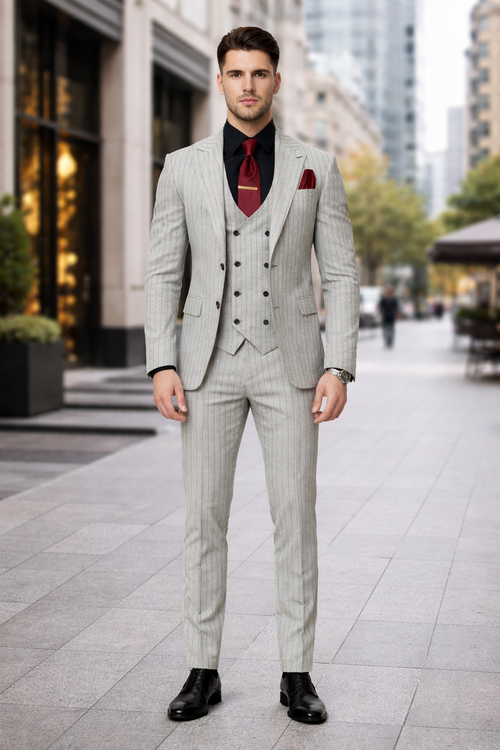 1920s Mint Grey And Black Pinstripe Suit - Vested Stripe Gangster Suit - SAM371SK-01