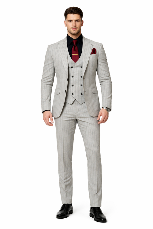 1920s Mint Grey And Black Pinstripe Suit - Vested Stripe Gangster Suit - SAM371SK-01