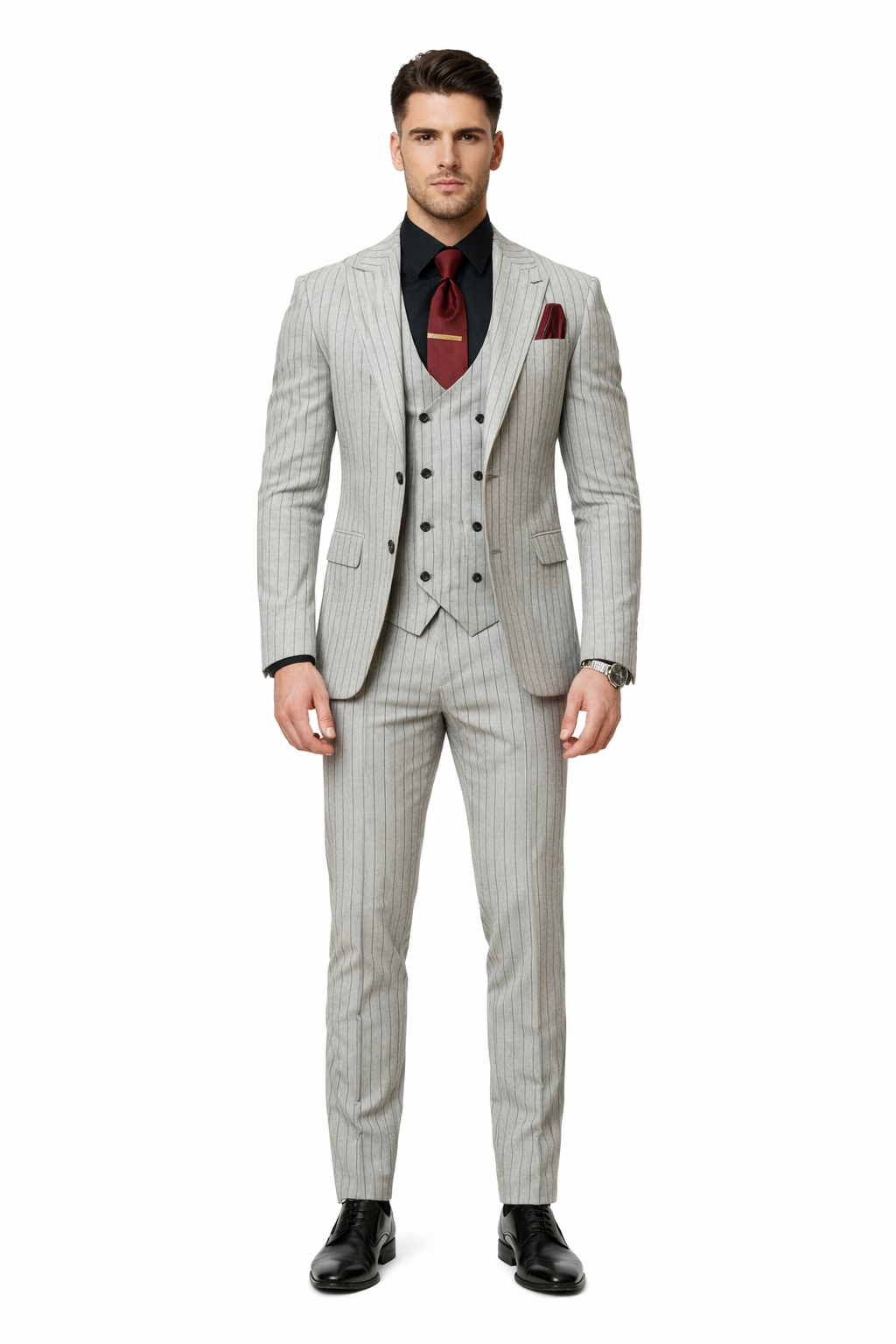 1920s Mint Grey And Black Pinstripe Suit - Vested Stripe Gangster Suit - SAM371SK-01