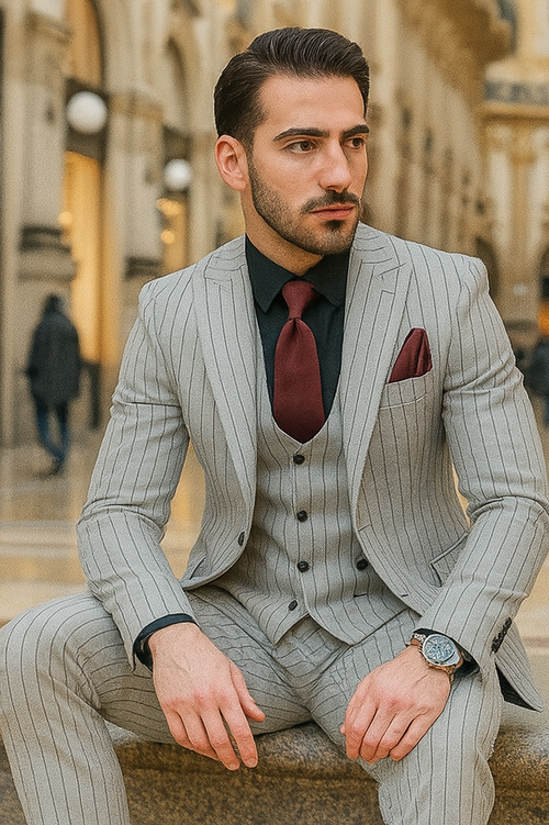 1920s Mint Grey And Black Pinstripe Suit - Vested Stripe Gangster Suit - SAM371SK-01