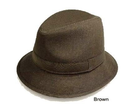 Vintage 1930s brown fedora. Short, rounded crown and medium brim. Textured fabric with a woven band detail. Classic style.
