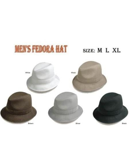 Five fedora hats in a row: white, khaki, brown, silver, and black. Classic shape with rounded crowns and curved brims. Lightweight materials, ideal for warm weather.