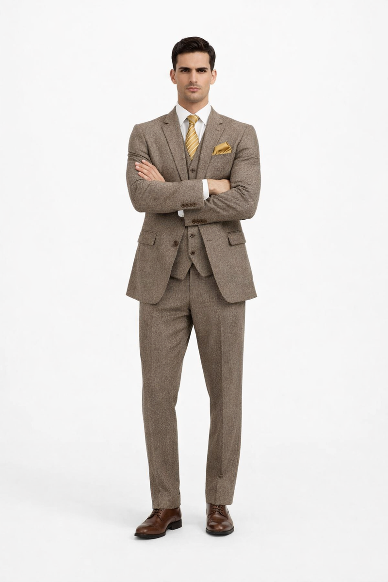 1930s Fashion Tweed ~ Herringbone Pattern - Mens 1930 Suit - 1930s Tuxedo - Flap Pocket - Brown Suit
