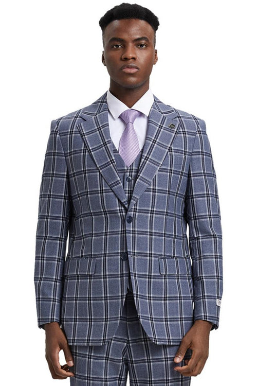 The men's Stacy Adams suit features a two-button vested design in a gray glen plaid check pattern. It has notched lapels and two front pockets with a tailored fit.