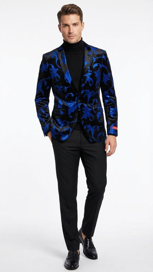 Men’s black and royal blue patterned blazer featuring a floral design with a glossy texture. The blazer has a single button front closure and peaked lapels.