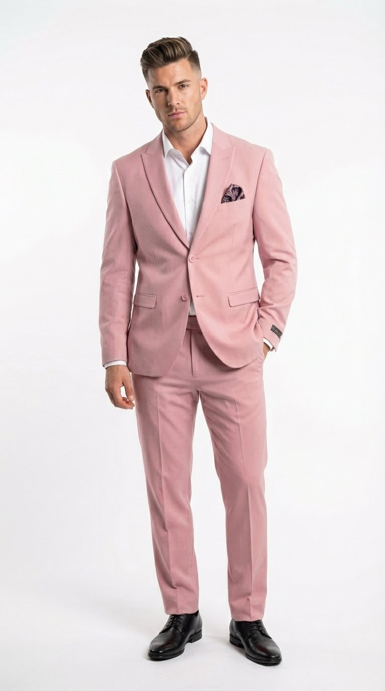 The vitali brand modern fit men’s light pink formal suit features a blush color, tailored jacket with two front buttons, and slim-fit trousers. The suit is made from a smooth fabric, with a matching pocket square.