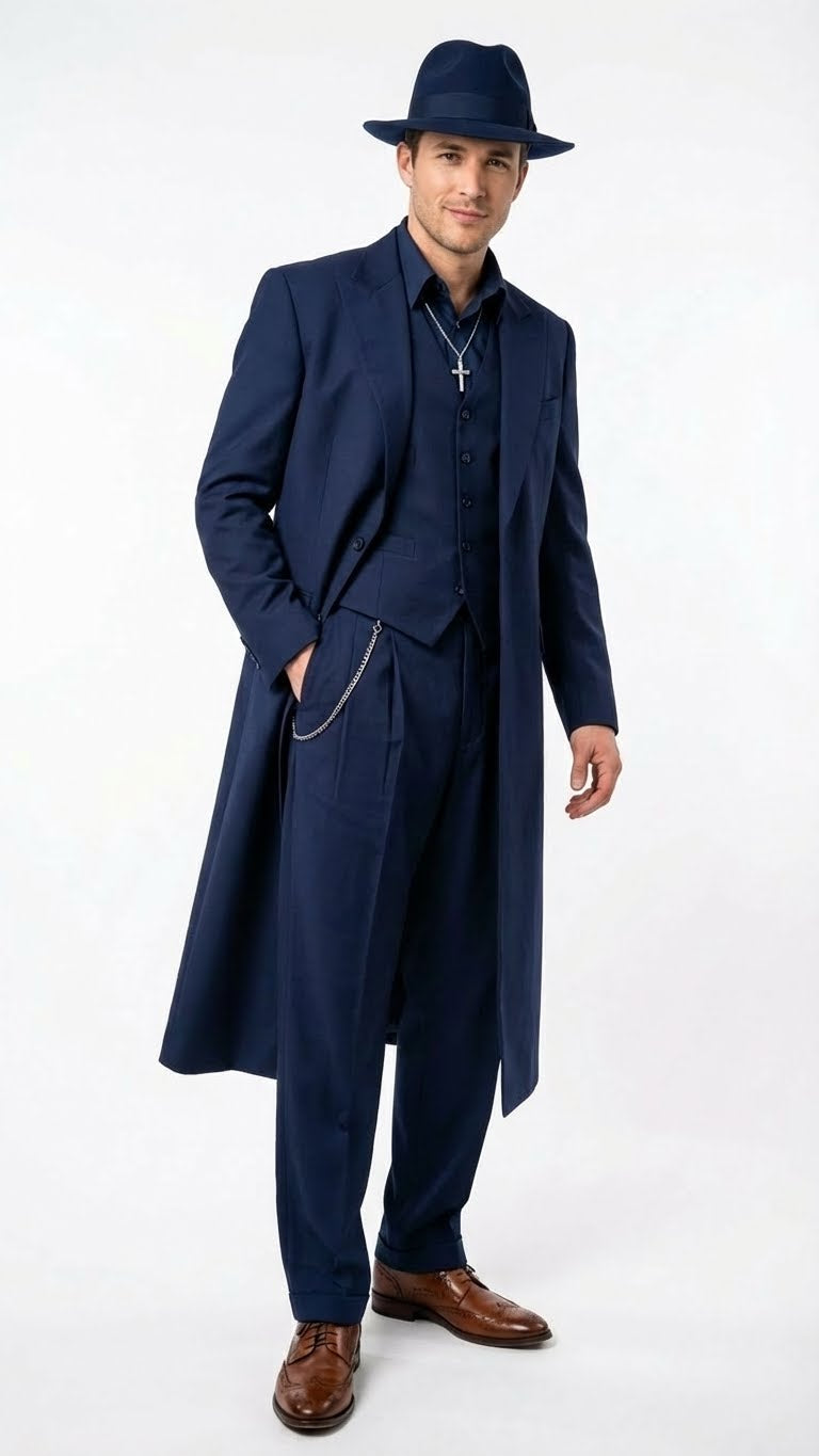 Navy blue men's zoot suit with a long coat, vest, and wide-leg trousers. Textured fabric, matching hat, and silver chain detail complete the look.