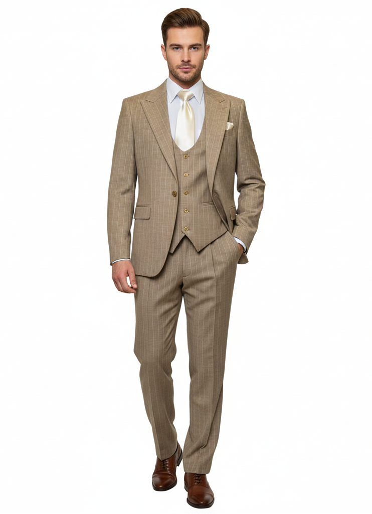 Men’s Beige Pinstripe Three-Piece Suit – Classic Fit Formal Suit with Vest and Flat-Front Pants in Tan Stripe By Rossiman