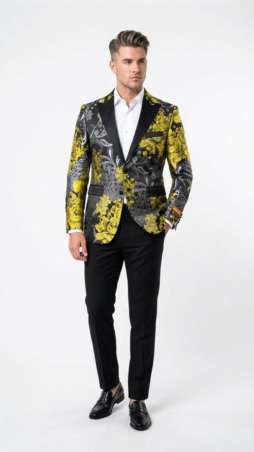Alberto Nardoni men's yellow tuxedo with black and gold floral blazer. Structured fit, notched lapel, two front pockets, contrasting black interior. Bold floral pattern on black, worn with white shirt and black trousers.