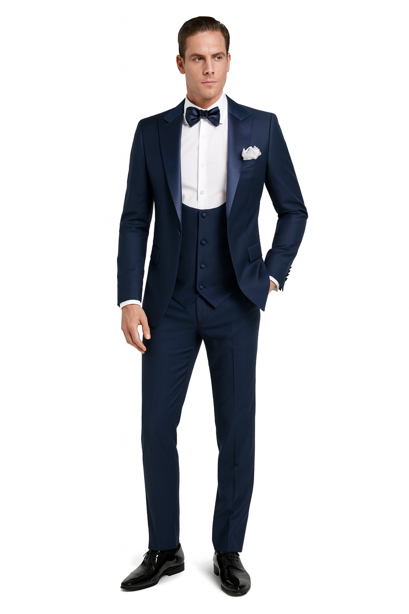 Navy blue tuxedo with satin peak lapel. Includes a navy sateen three-piece formal suit: vest, matching bow tie. Perfect for formal events.