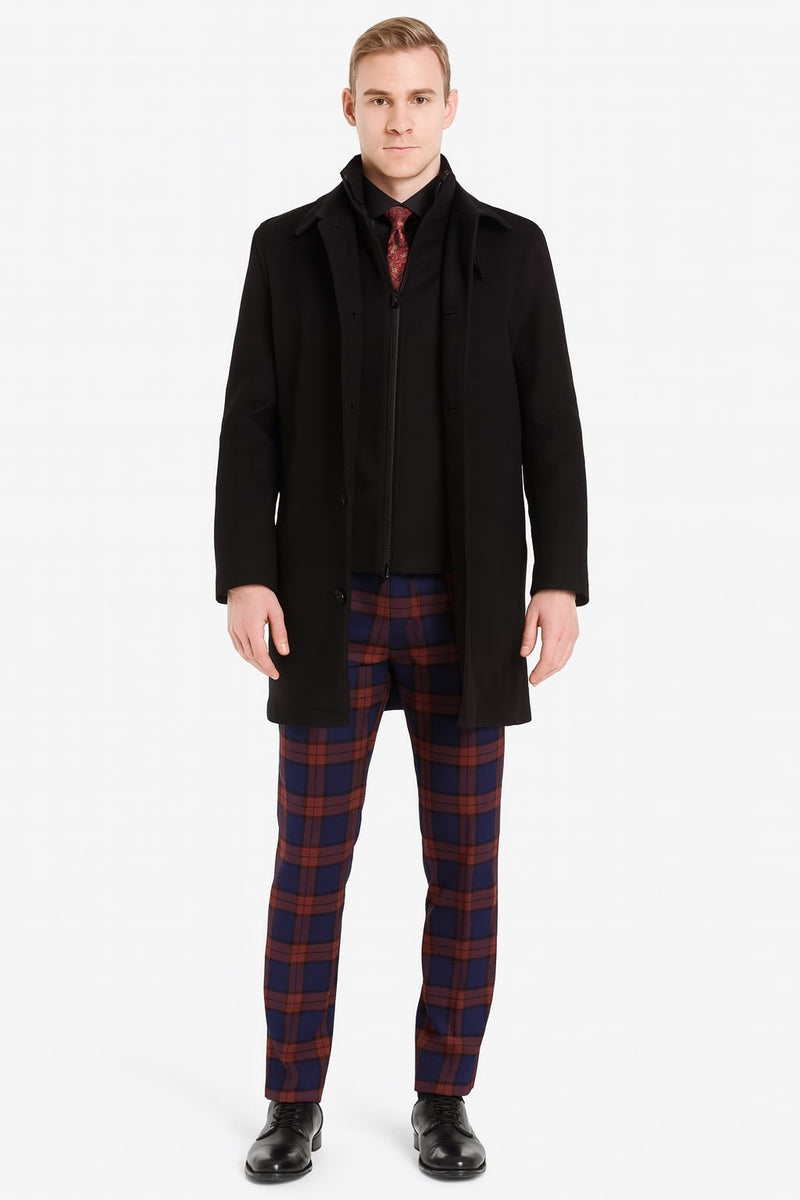 Men's black wool overcoat. Classic single-breasted design with a tailored fit, buttoned front, and structured collar. Smooth wool fabric.