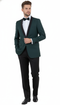 Alberto Nardoni men's green tuxedo. Fitted green jacket with black satin shawl collar and single-button closure, plus a pocket. Paired with black trousers. Deep green color, smooth texture.