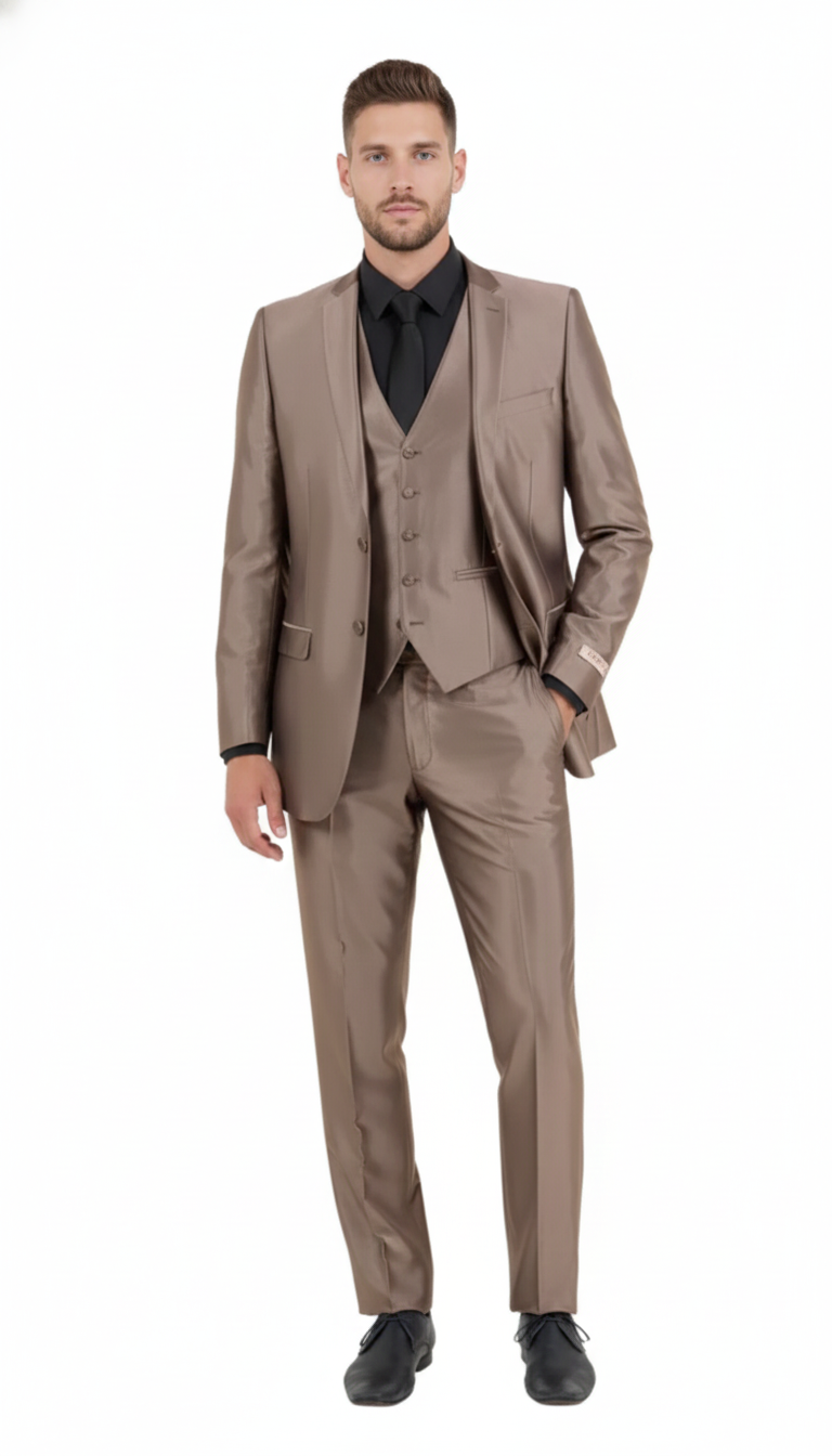 Men's metallic sateen suit in mocca taupe. Includes blazer, vest, and trousers. Features a glossy finish, structured shoulders, slim fit, and pockets.