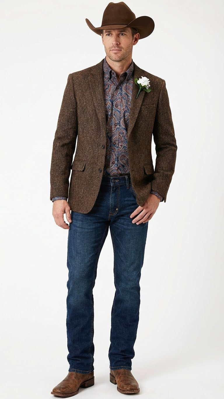 Mens Brown Western Tweed Herringbone Blazer Jacket Classic Cowboy Style Sport Coat for Wedding Party