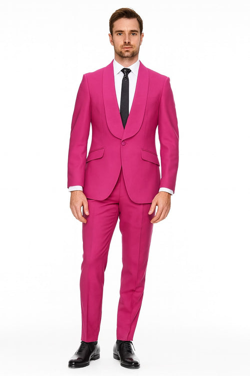 Men's hot pink tuxedo. Shawl lapel, fitted jacket with side pockets. Tapered leg pants. Perfect for a bold, stylish evening.