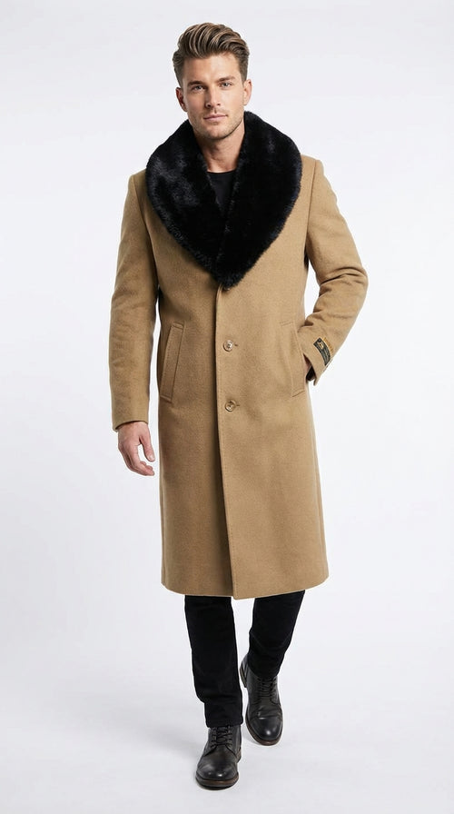 Men’s Camel Tan Long Overcoat with Black Faux Fur Collar - Wool Topcoat Three if not Full length