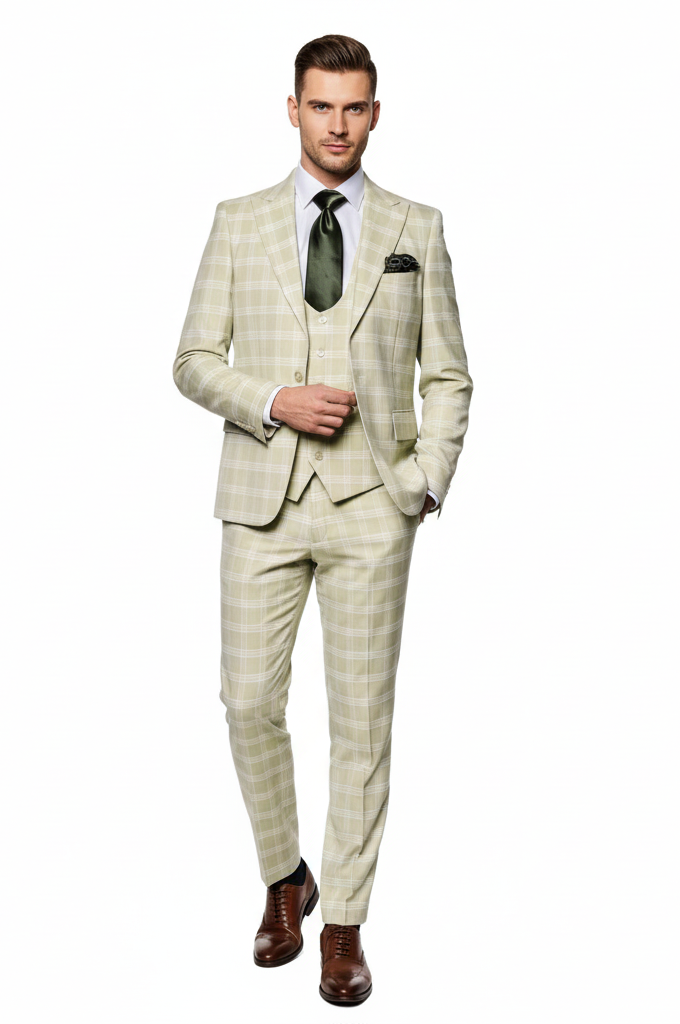 Men’s Light Beige Check 3-Piece Suit Set – Premium Tailored Fit Formal Wedding and Spring Event Suit Light Tan Sand Color By Rossiman
