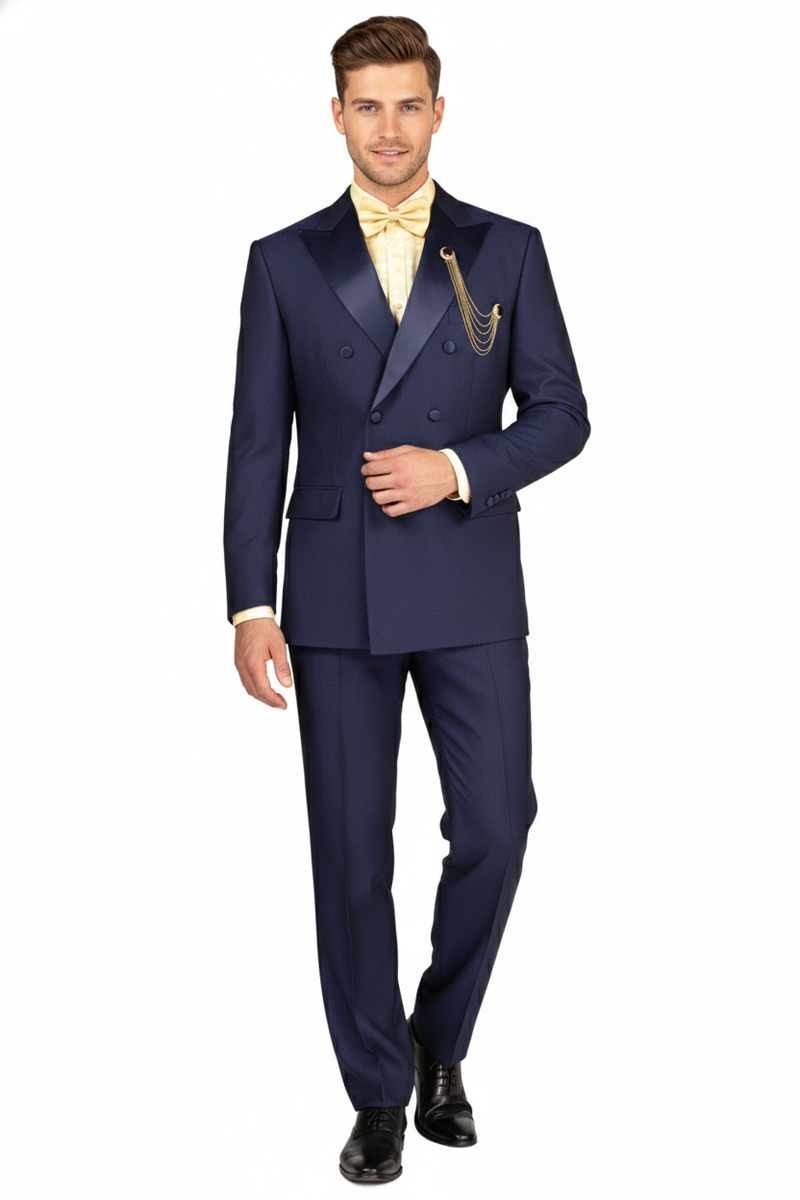 Navy double-breasted tuxedo with satin peak lapel and matching trousers. Subtle textured fabric, formal silhouette, and gold-tone detailing.