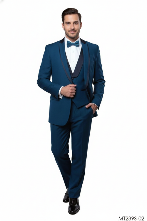 Men's teal blue 3-piece tuxedo suit. Single-breasted jacket with satin lapels, matching vest, and tailored trousers. Formal and stylish.