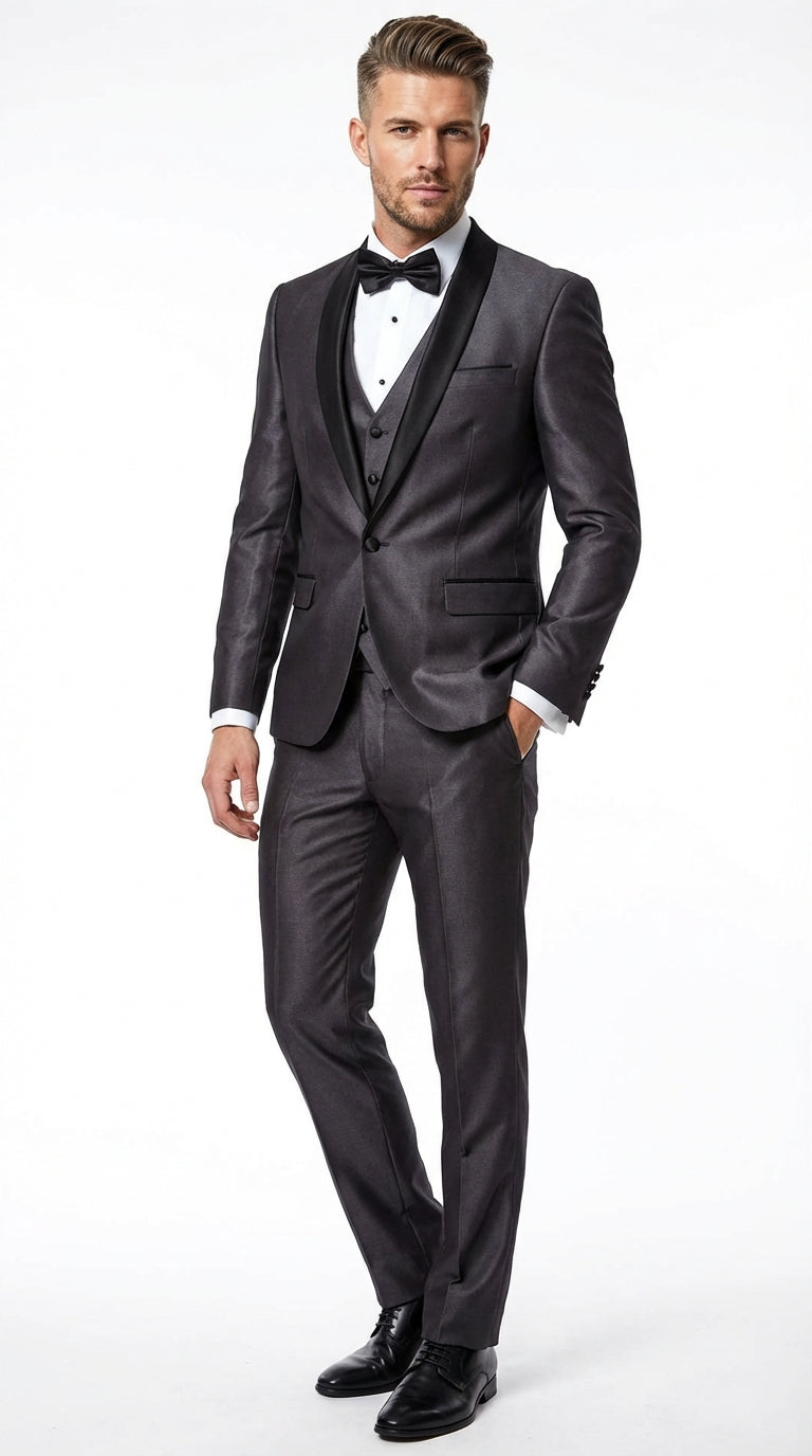 Mens Shiny Sateen Charcoal Gray Tuxedo 3 Piece Suit with Black Shawl Lapel | Formal Wedding Prom Suit Sharkskin