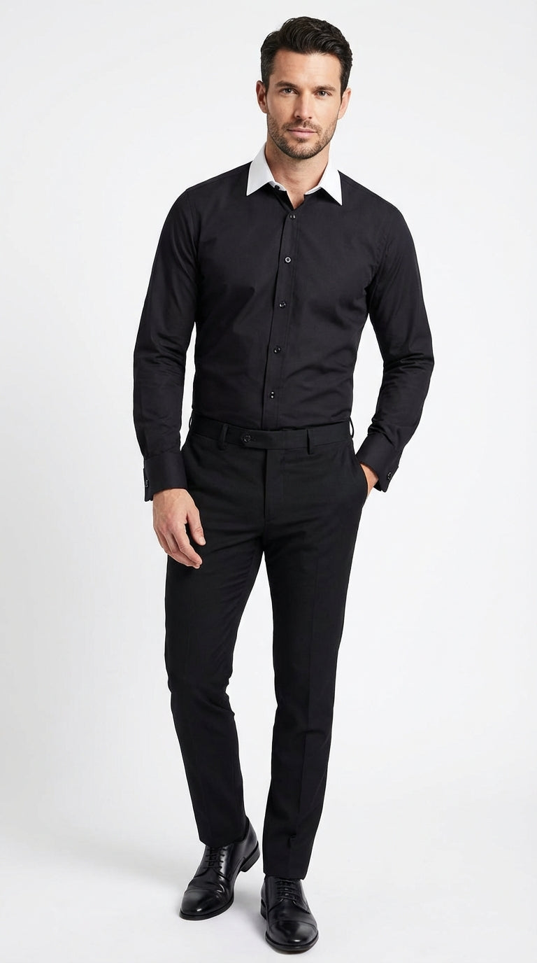 Mens Black Dress Shirt with White Contrast Collar | French Cuff Cotton Poplin Formal Button-Up Shirt | Alberto Nardoni Mens Black Dress Shirt with White Contrast Collar | French Cuff Cotton Poplin Formal Button-Up Shirt | Alberto Nardoni