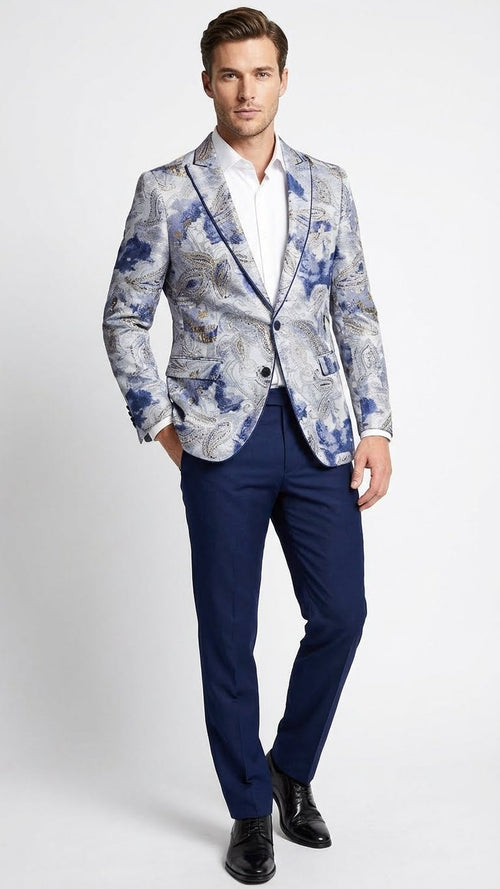 Navy blue & gray paisley blazer with a fitted shape, single button closure, notched lapel, and two front pockets. Intricate paisley pattern. Paired with navy trousers. Classic design.