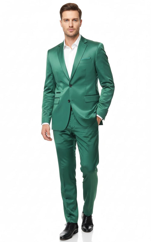 Men's emerald green sateen slim-fit suit. Two-piece set: formal blazer with notch lapel and pockets, plus slim-fit pants. Shiny, smooth, and reflective sateen fabric.