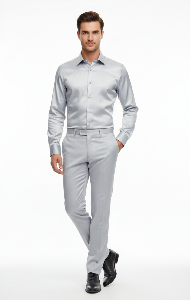Men's silver satin set: slim-fit shirt with pointed collar & button-up front, matching pants. Sleek, tailored design. Perfect for a polished look.