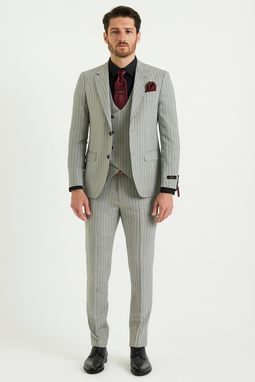 Men's light grey pinstripe 3-piece suit. Fitted jacket, matching vest, and tapered trousers. Fine pinstripe fabric. Notched lapel, three-button jacket. Streamlined silhouette.
