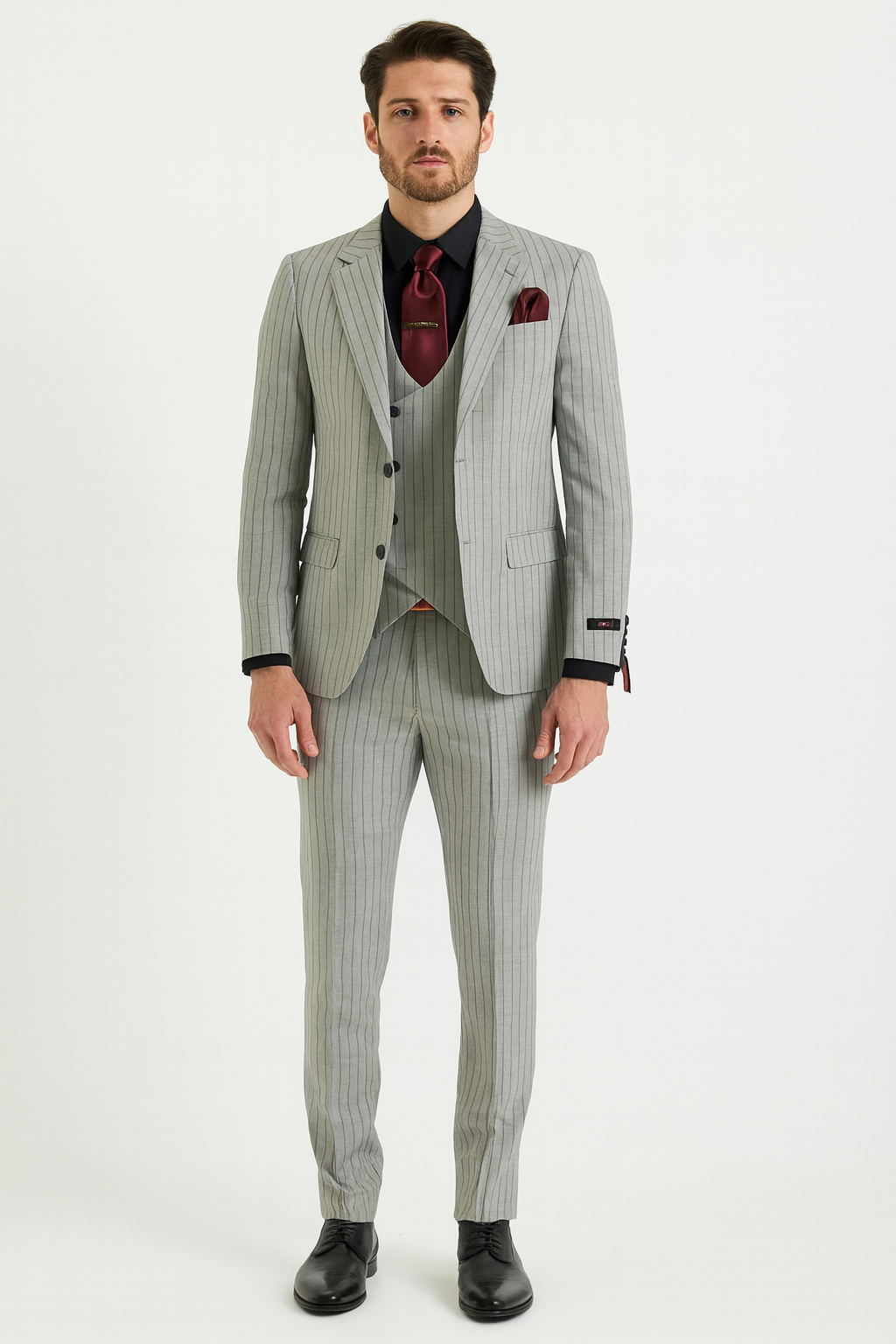 Men’s 3-Piece Light Grey Pinstripe Suit with Vest – Classic Business, Wedding, and Formal Attire