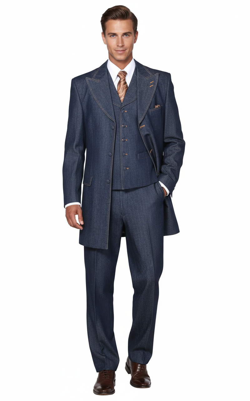 Alberto Nardoni men's denim three-piece suit: tailored jacket (long silhouette), button vest, straight trousers. Deep blue, subtle sheen. Peaked lapel, contrasting stitching. Structured, coordinated look.
