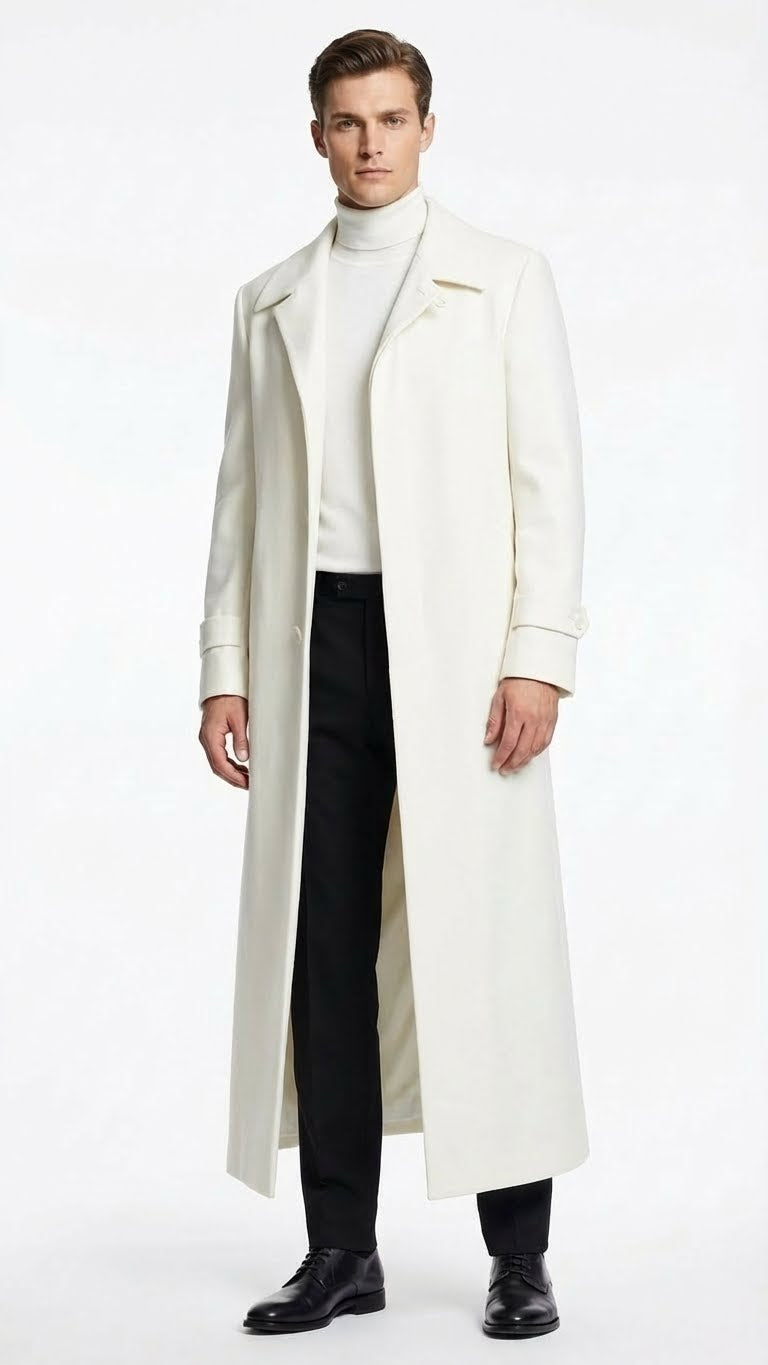 Mens Off-White Long Trench Coat – Overcoat with Classic Clean