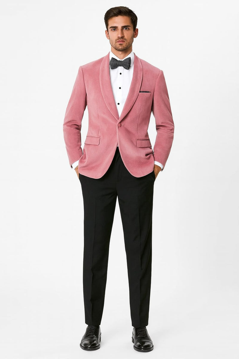 Pink velvet tuxedo jacket with shawl lapel. Slim fit, soft texture, and a vibrant pink hue. Styled with black bow tie, white shirt, and black trousers for a formal look.