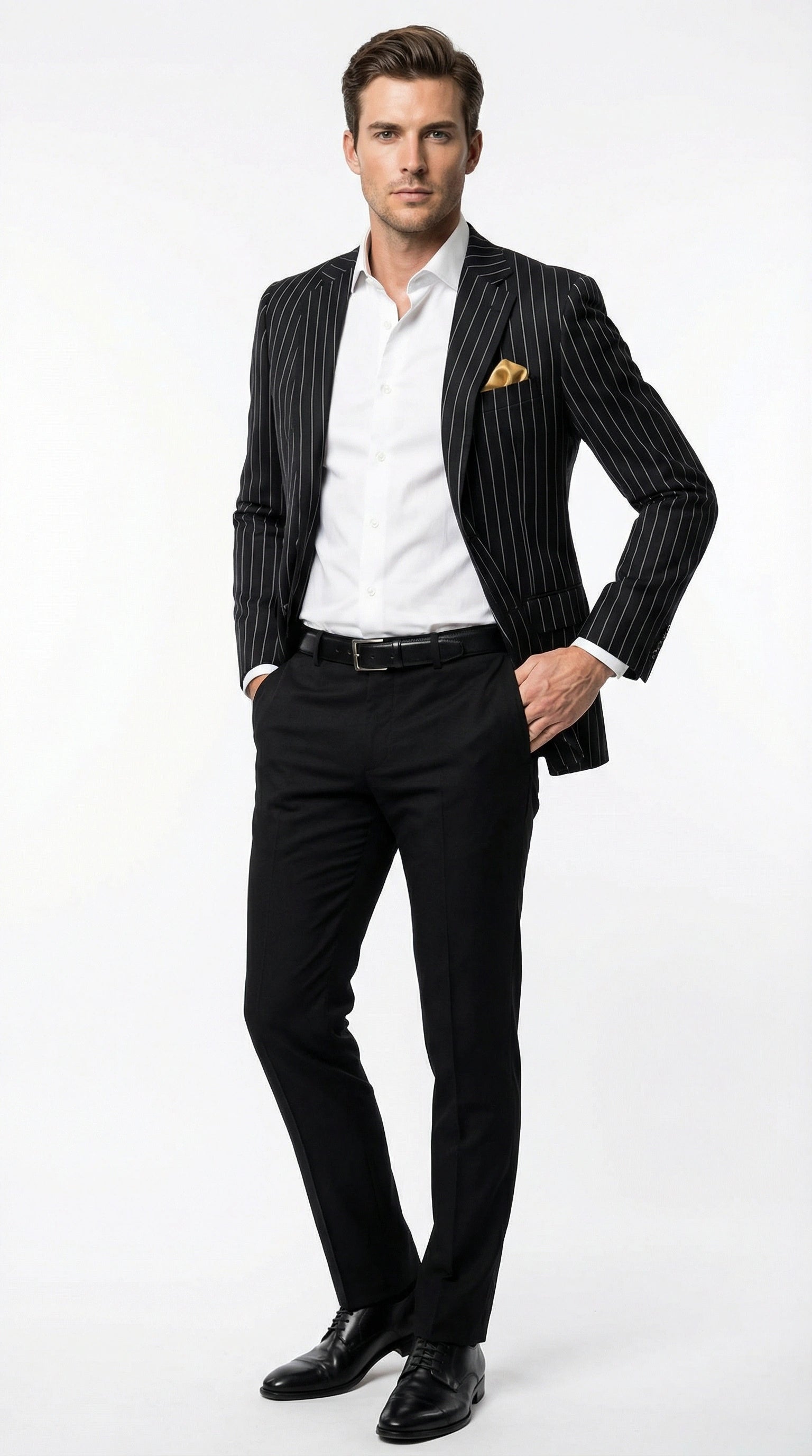 Men’s Black Pinstripe Blazer – Classic Tailored Formal Jacket for