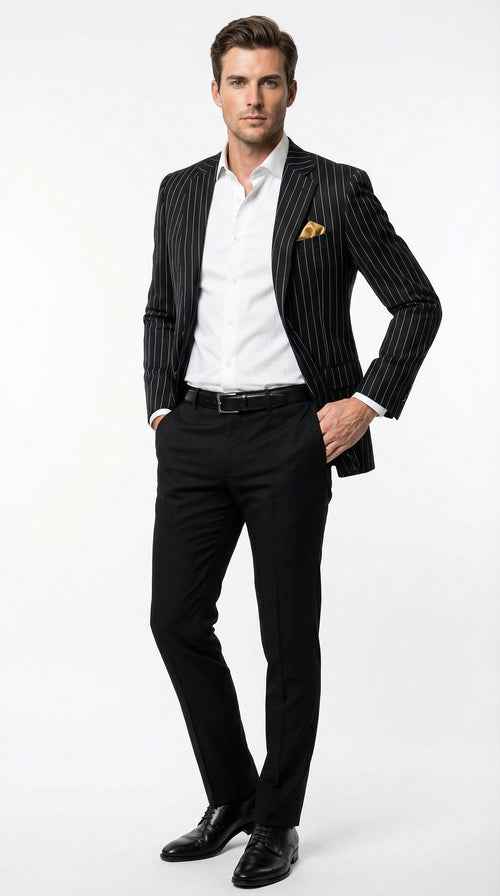 Men’s Black Pinstripe Blazer – Classic Tailored Formal Jacket for Business, Office and Evening Wear