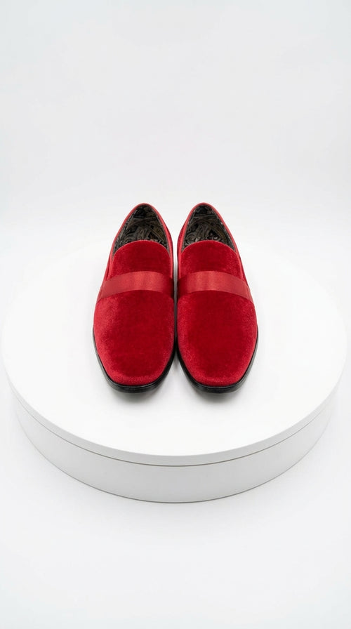 Mens Red Velvet Loafers – Luxury Formal Slip On Dress Shoes Wedding Party Prom Evening Shoes