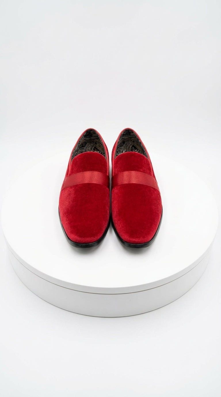 Mens Red Velvet Loafers – Luxury Formal Slip On Dress Shoes Wedding Party Prom Evening Shoes