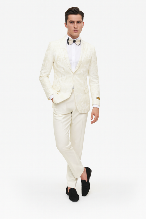 Men’s Ivory Floral Embroidered Tuxedo Jacket – Elegant Wedding and Party Blazer in Cream Color With Ivory Pants