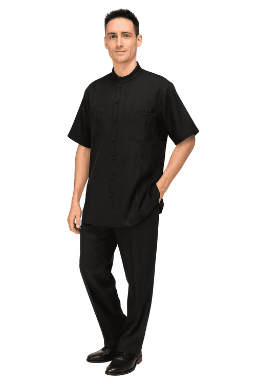 Men's black walking suit. Short-sleeve black shirt with banded collar, front buttons, and chest pockets. Paired with straight-leg black trousers. Smooth, pattern-free fabric.