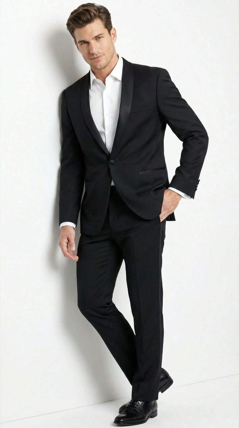 Tiglio Designer Menās Black Single Button Tuxedo Suit ā Formal Black Business and Wedding Suit Shawl Collar Super 150's Wool Fabric