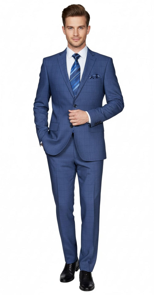 Men's cobalt blue suit with windowpane check. Two-piece, textured material. Features a structured blazer and slim-fit trousers. Classic design.
