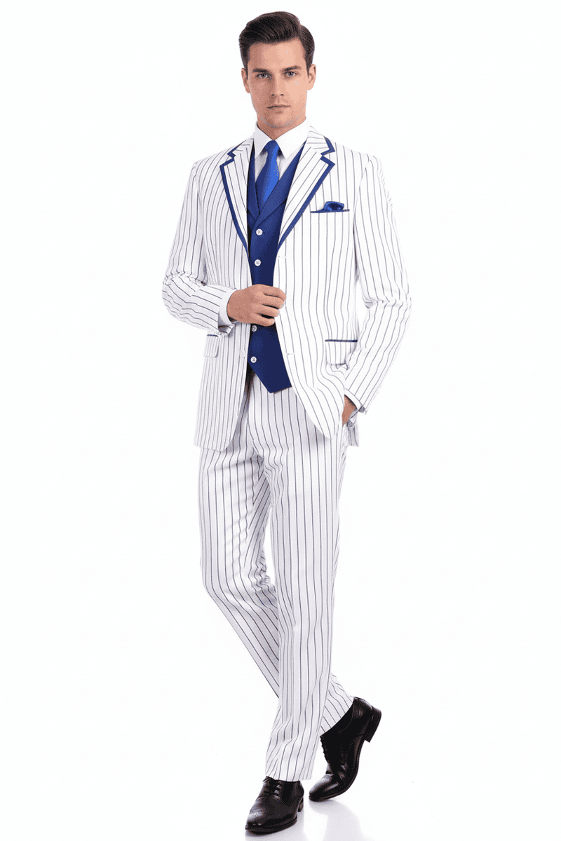 Men's three-piece suit: classic fit blazer, vest & pants. White fabric with royal blue pinstripes & trim. Pointed lapel, single breast pocket, matching trousers. Includes royal blue tie. Visually coordinated.