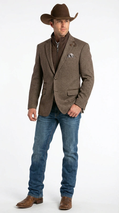 Men’s Brown Herringbone Tweed Cowboy Western Blazer – Classic Country Sport Coat Jacket for Ranch Wear, Cowboy Jacket