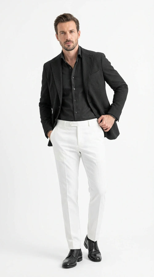 Men’s Black Seersucker Blazer – Textured Two-Button Notch Lapel Formal & Summer Sport Jacket in Black Tone-on-Tone Cotton Fabric