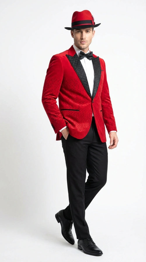 Men’s Red Velvet Fabric Rhinestone Blazer with Matching Red and Black Hat – Christmas New Year Holiday Party Jacket Set